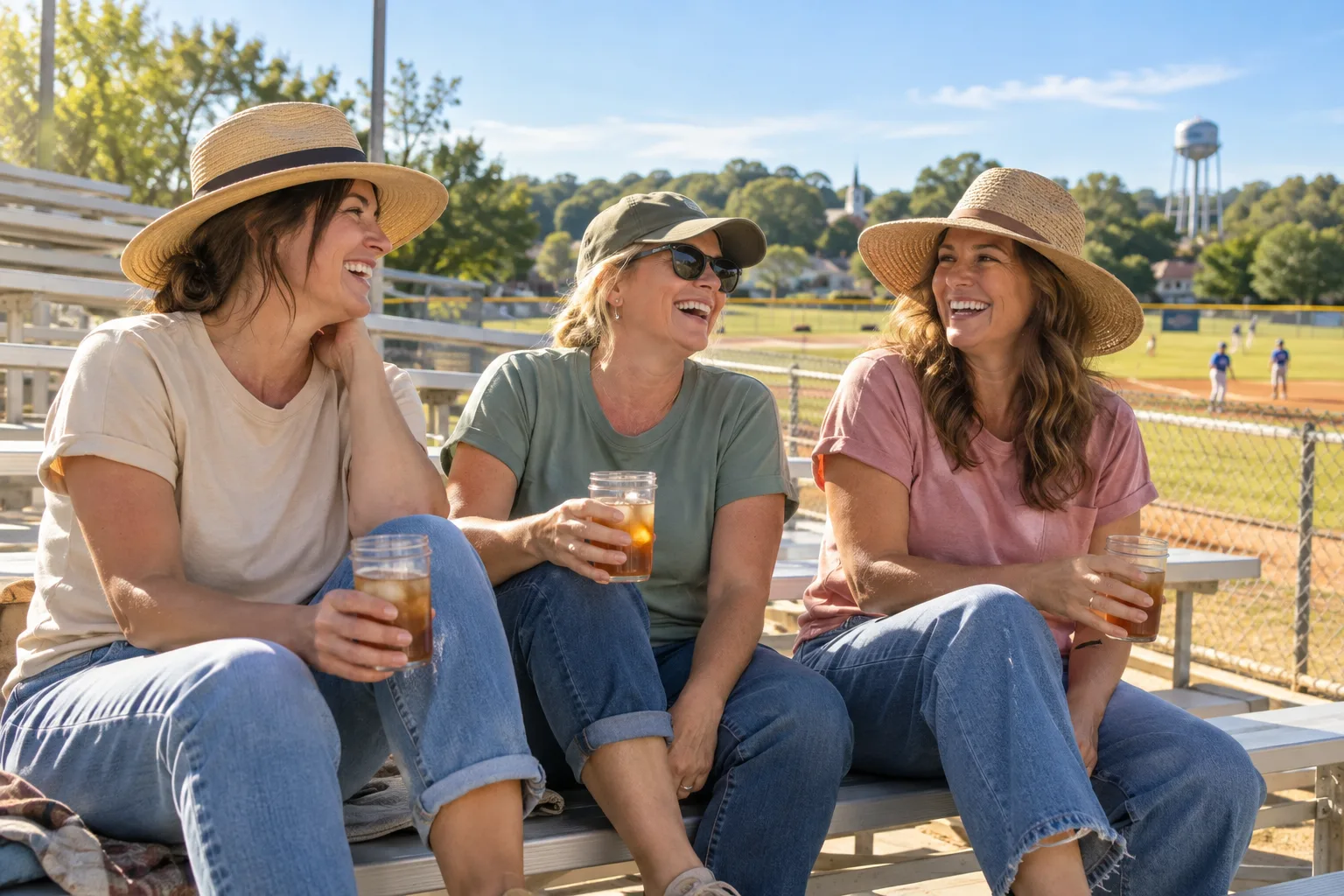 Three friends laughing on the bleachers at an Arkansas ball field