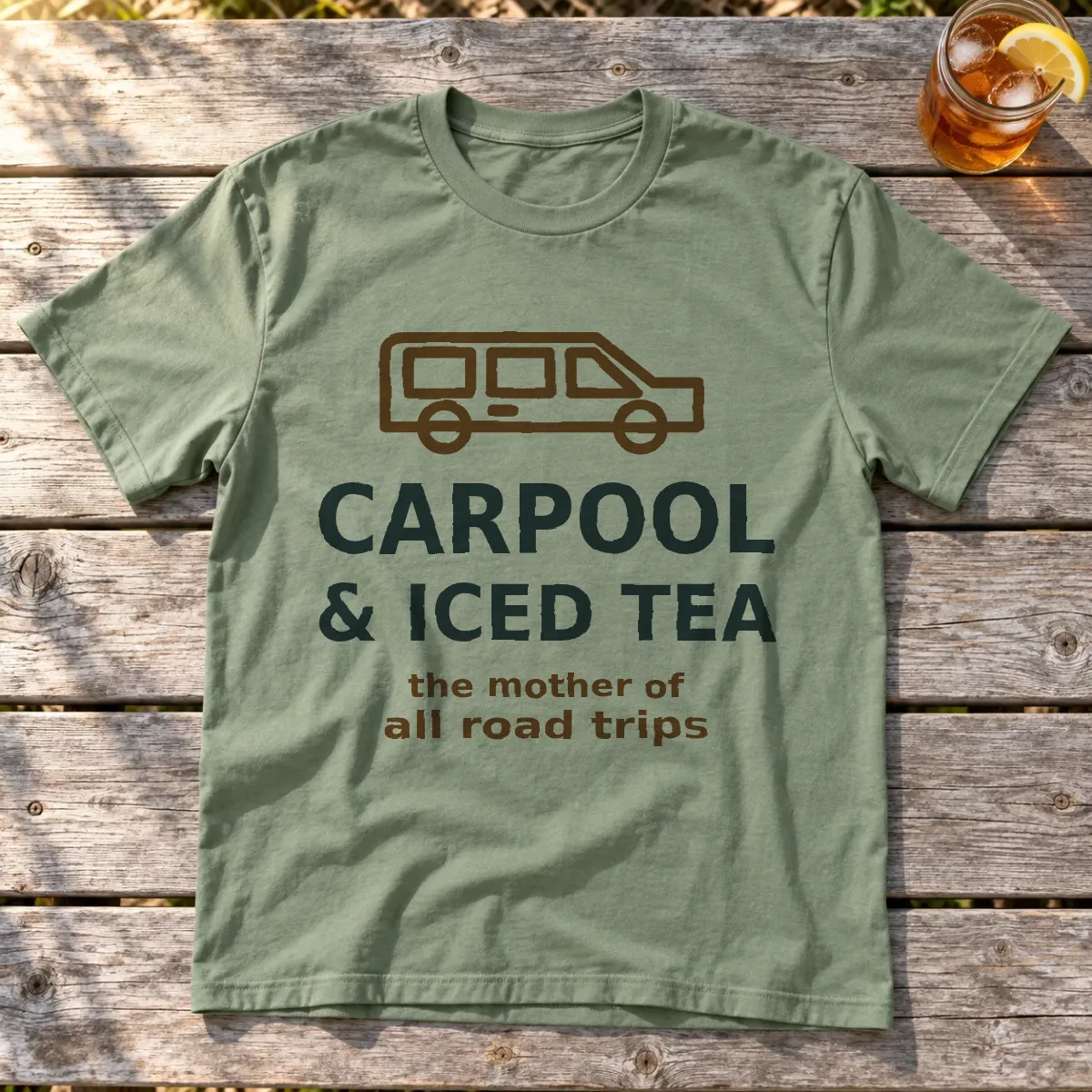 Carpool & iced tea on a picnic table