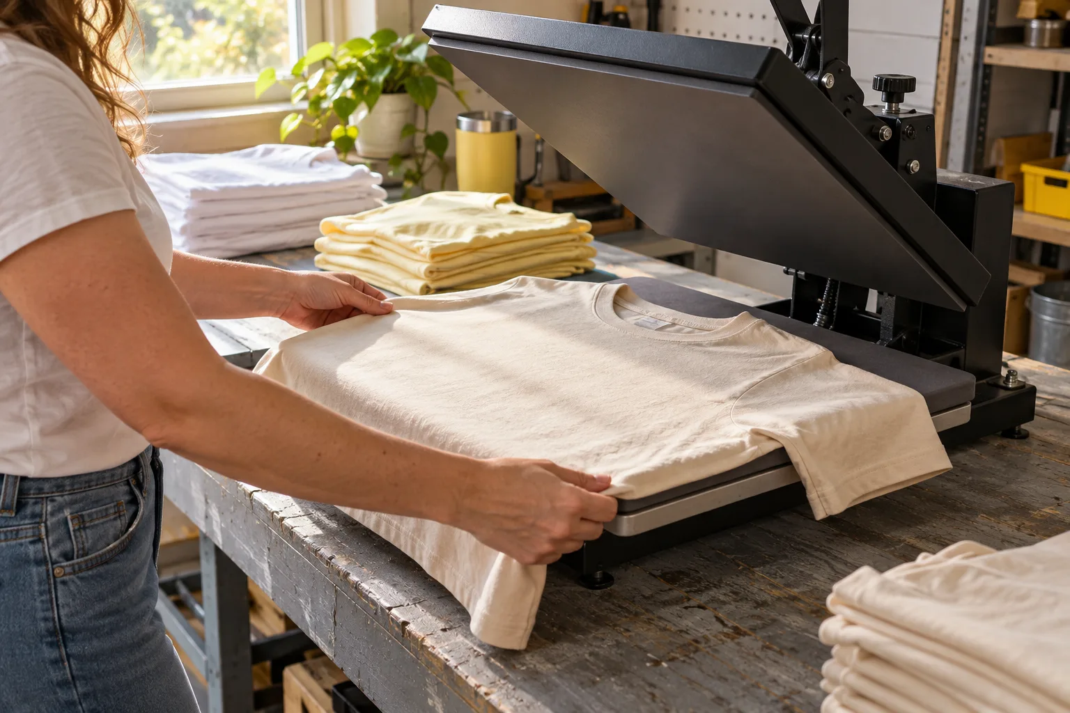 Hands arranging a blank cotton tee on the workshop heat press