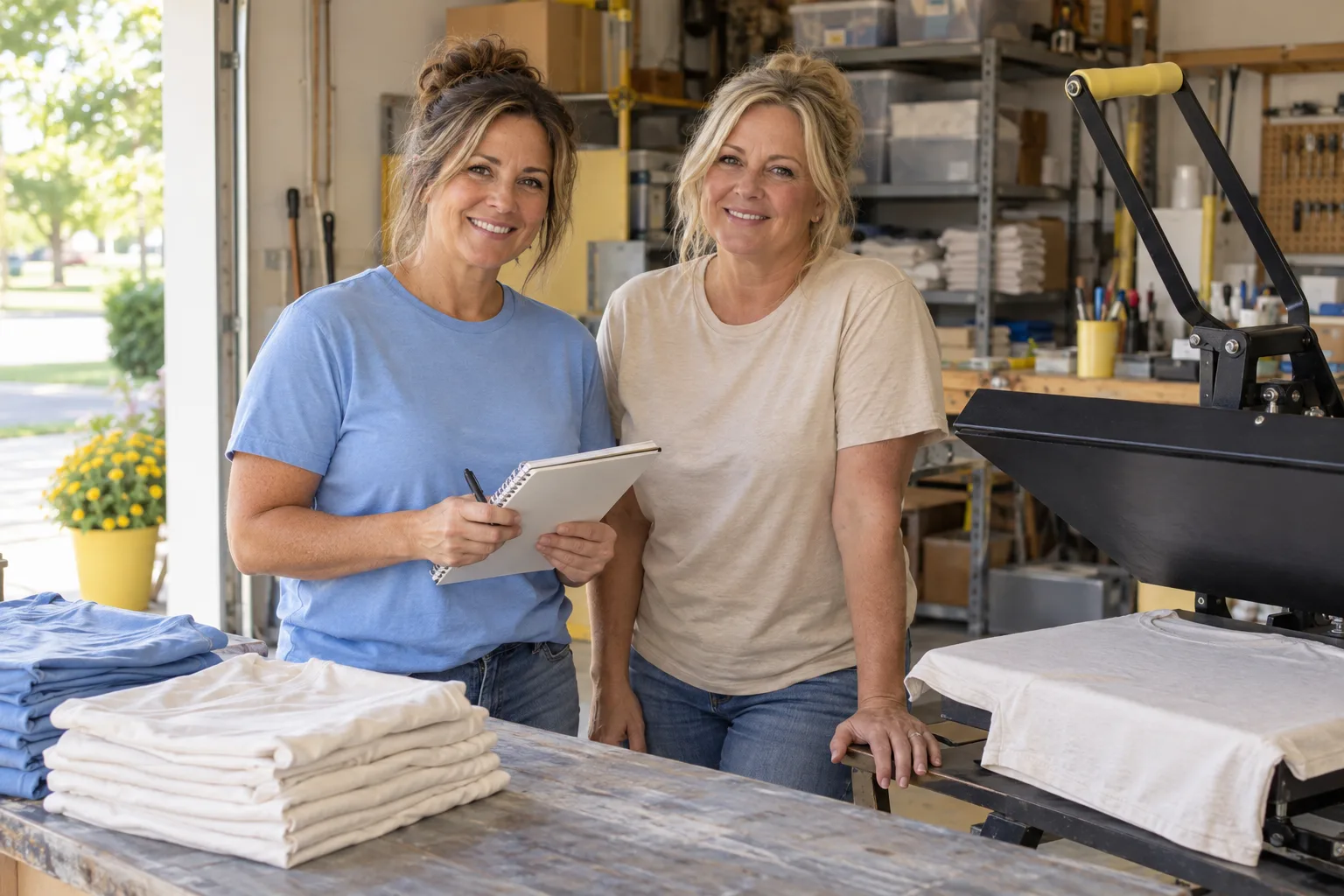 June and Nell in their sunny garage shirt-printing workshop