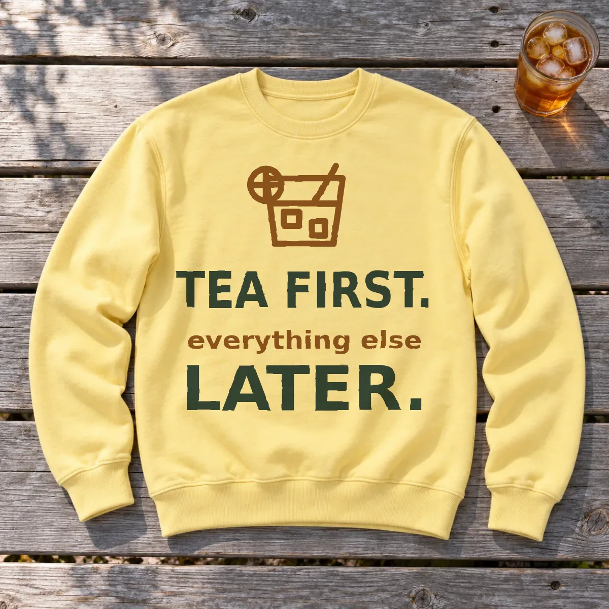 Tea first. Everything else later. on a picnic table