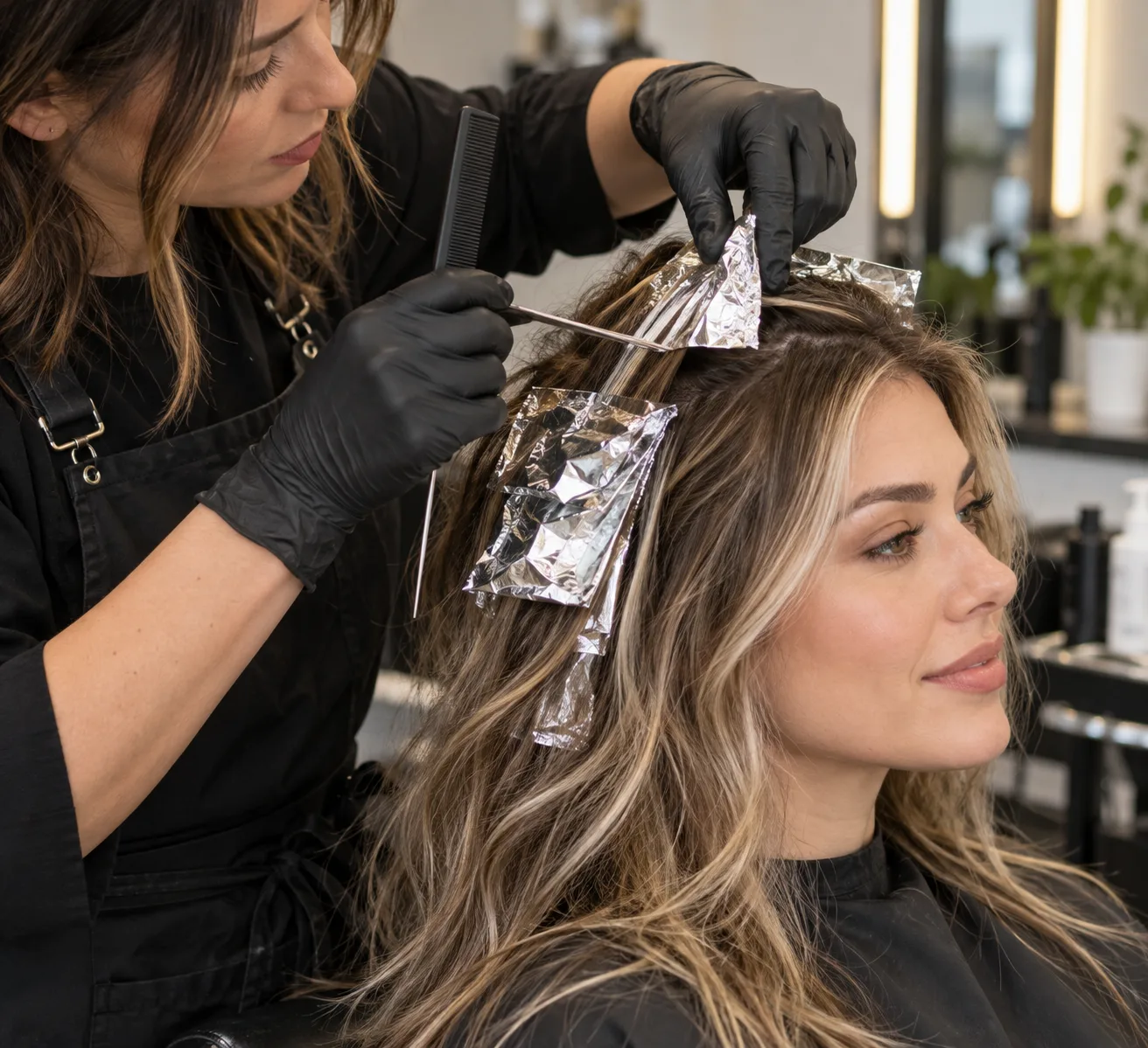 A stylist carefully placing color foils