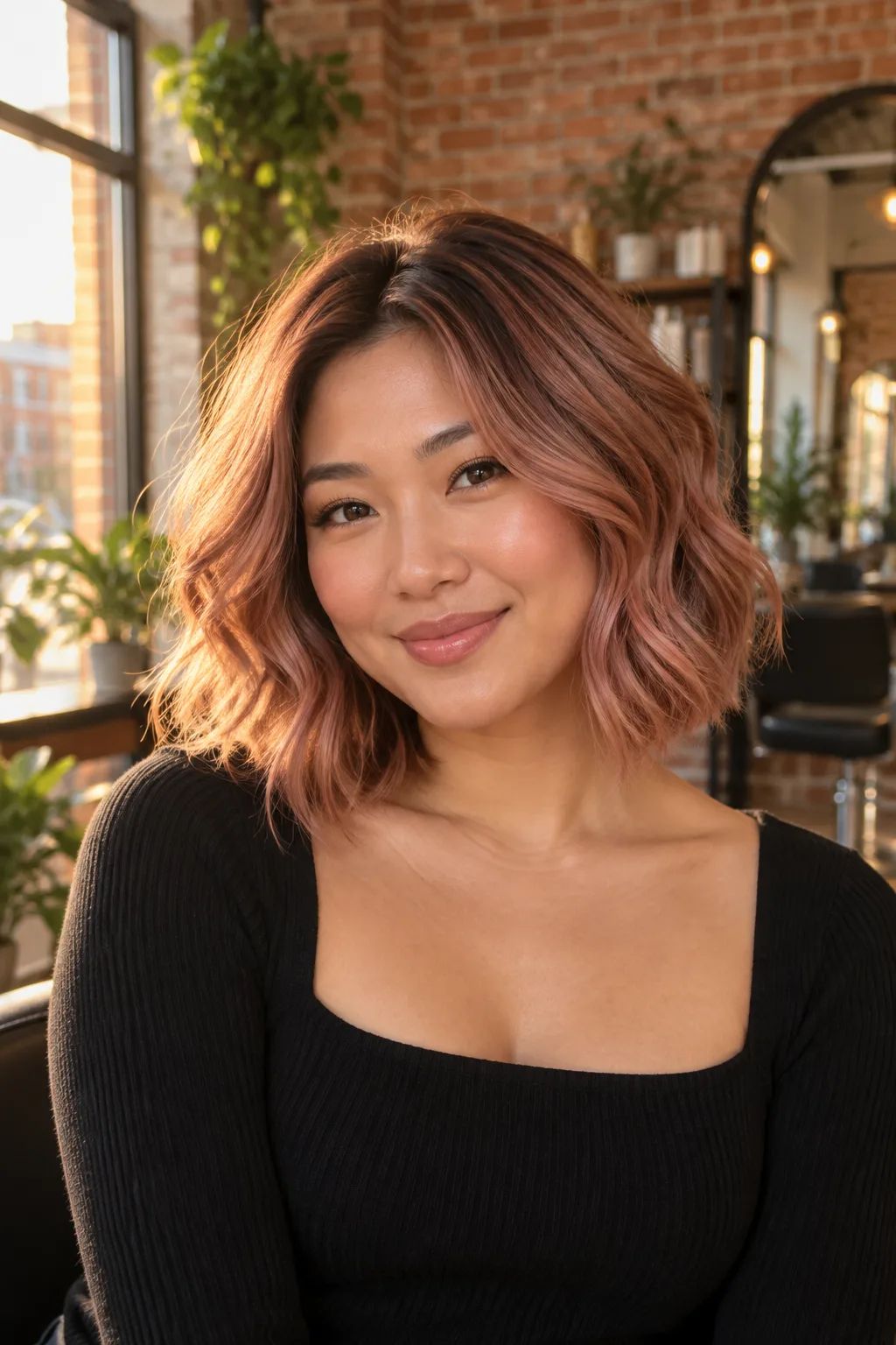 Client wearing rose gold hair in golden window light