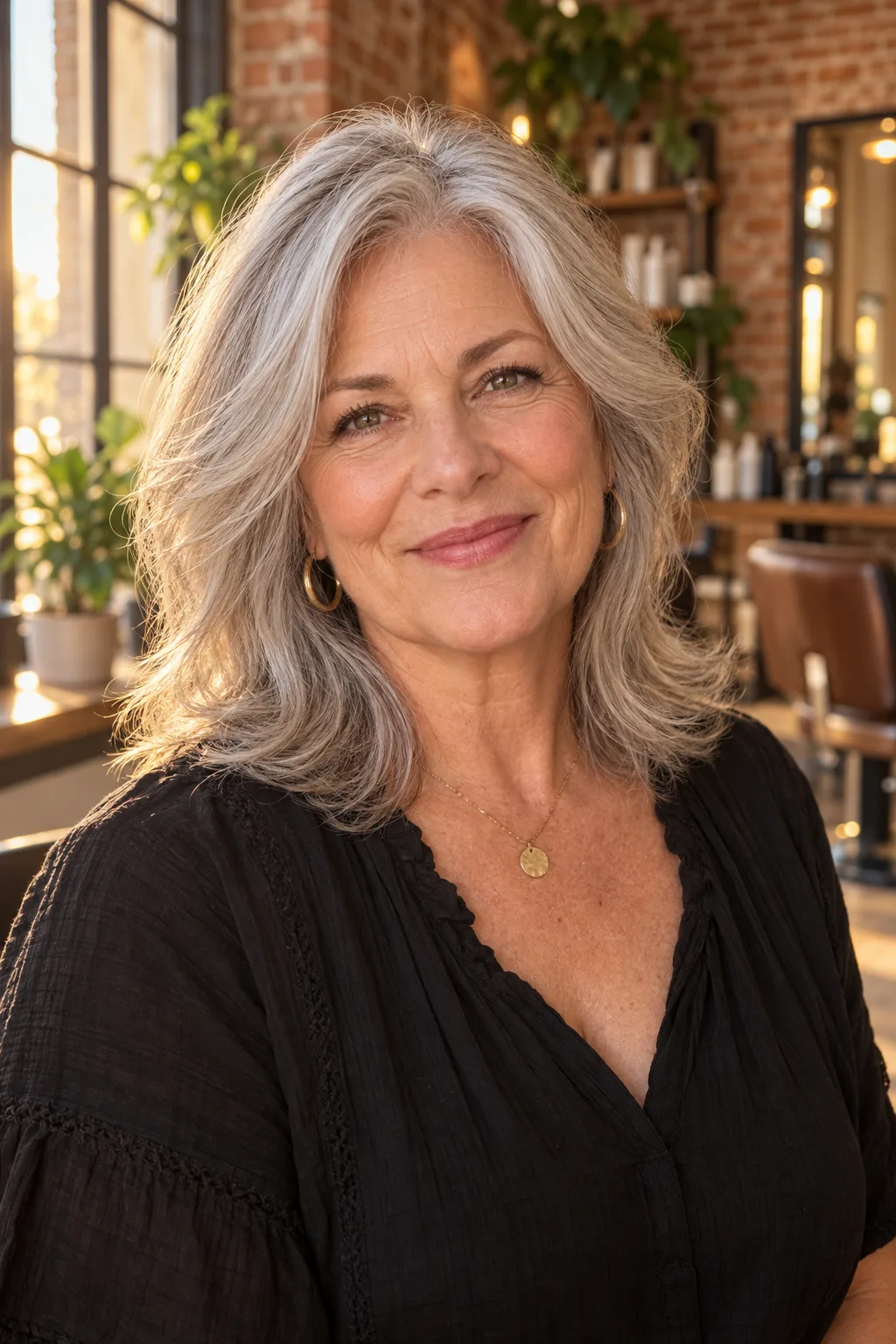 Client wearing silver hair in golden window light