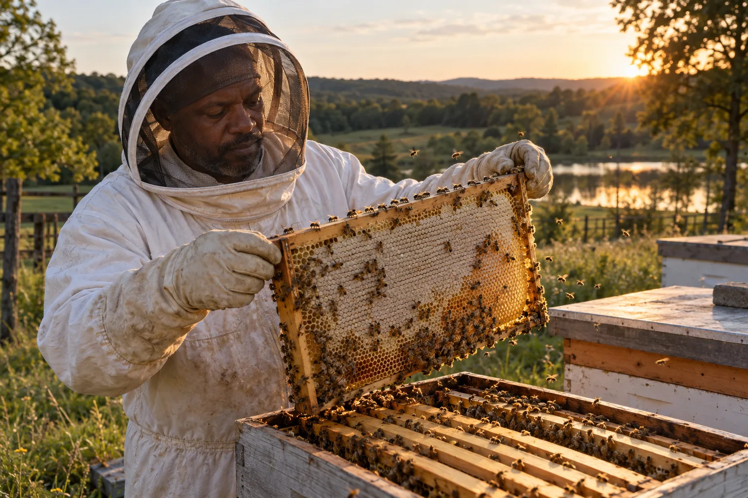 Carl in a protective veil lifting a capped comb frame