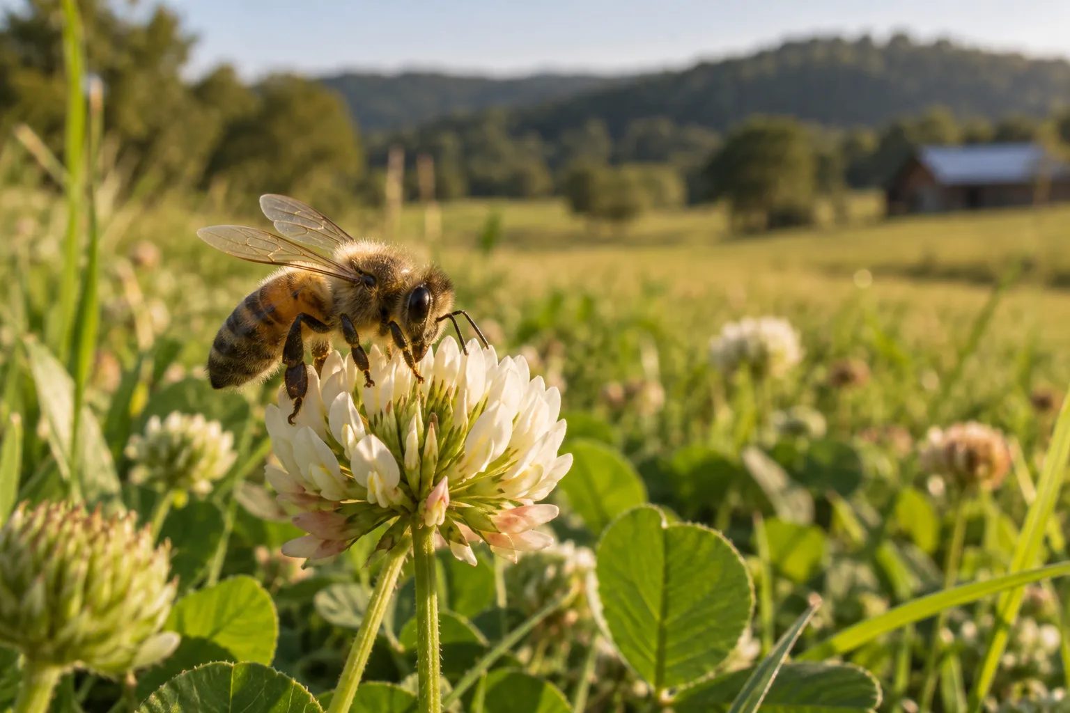 A honeybee visiting a white clover bloom