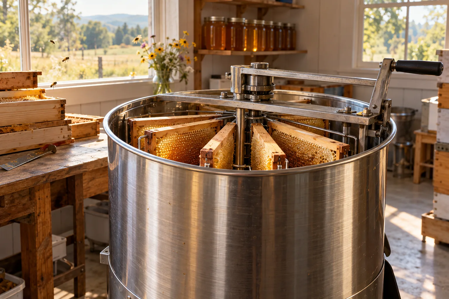 A stainless steel extractor with wooden frames