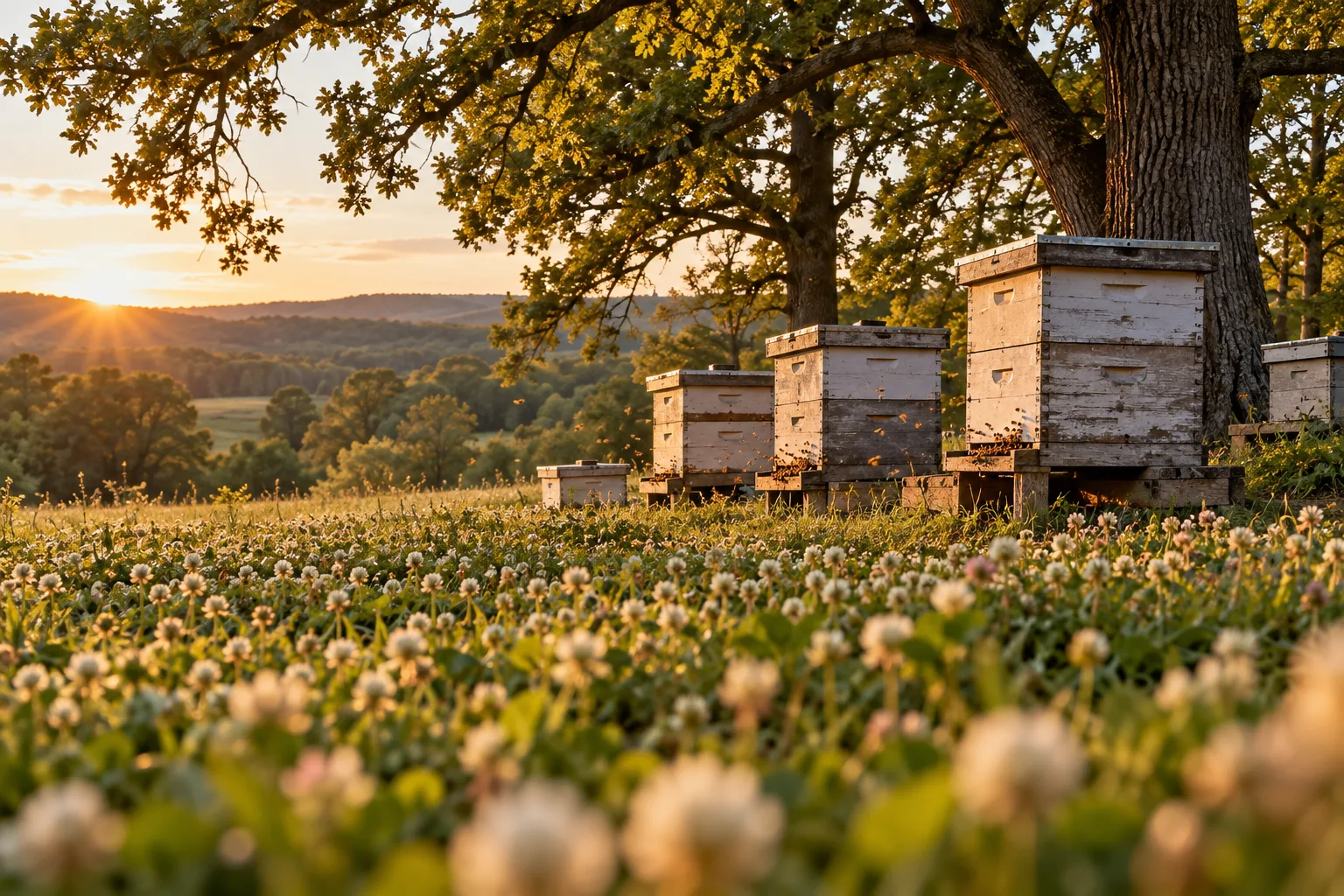 Wooden beehives in an Arkansas clover field