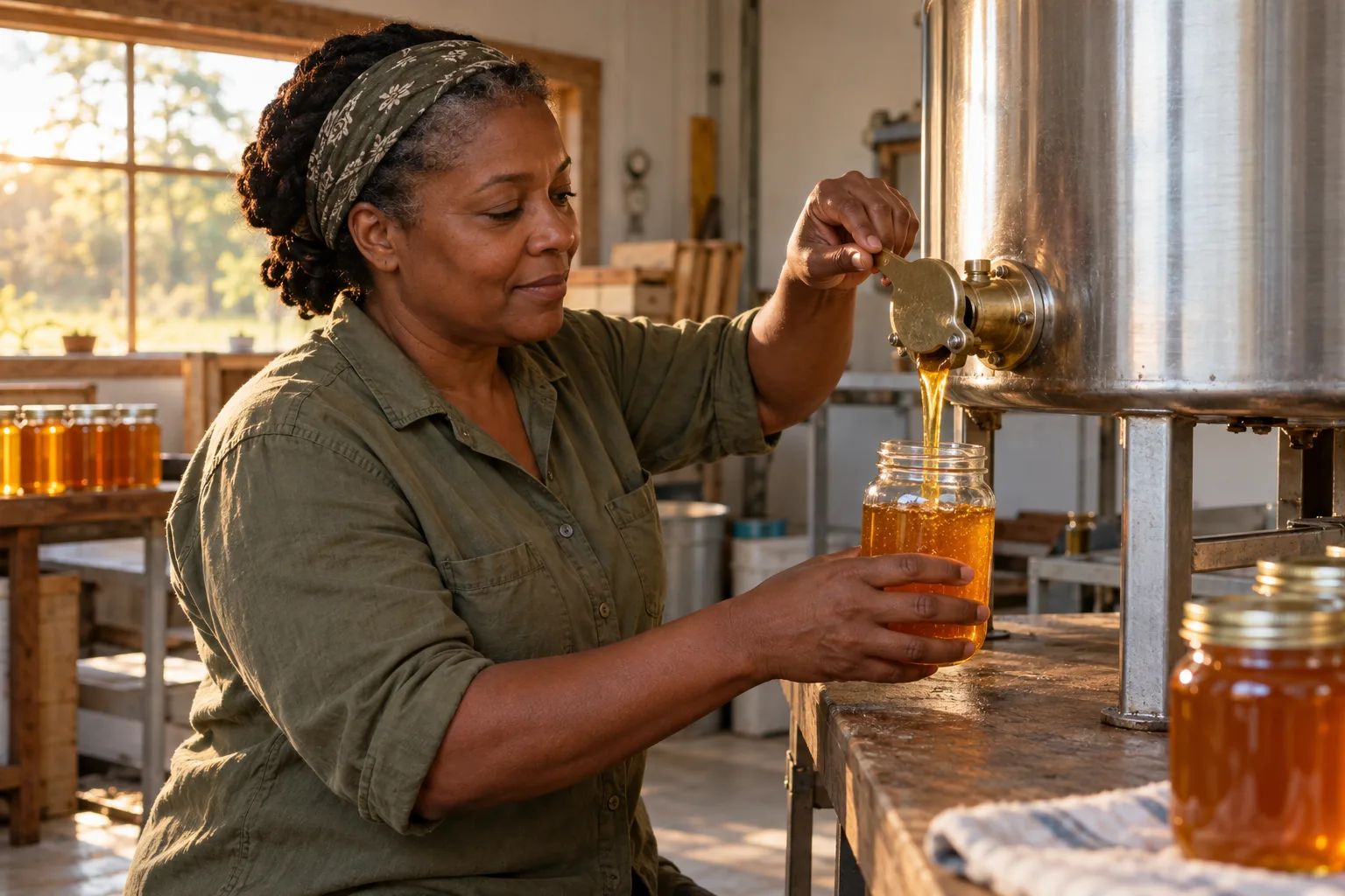 June bottling honey from a settling tank gate