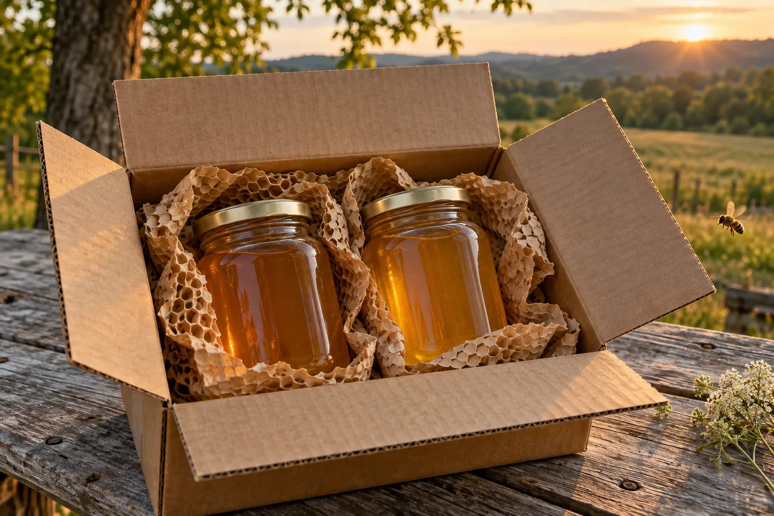 Unprinted kraft box with paper-wrapped honey jars