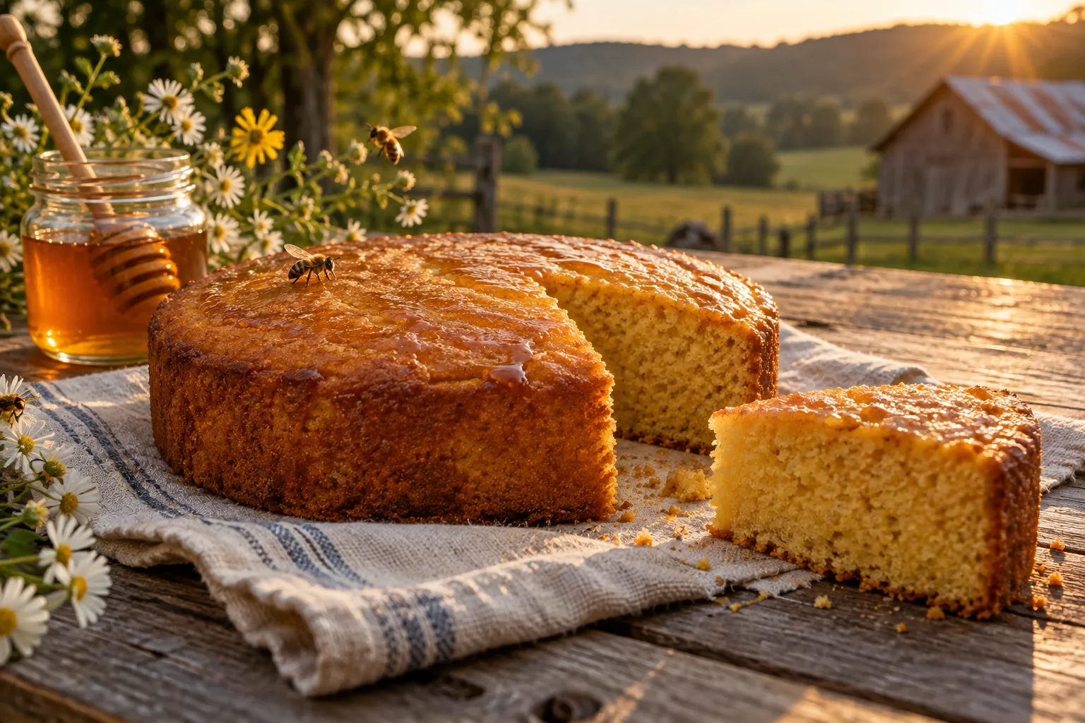 A honey cornmeal cake with a slice on linen
