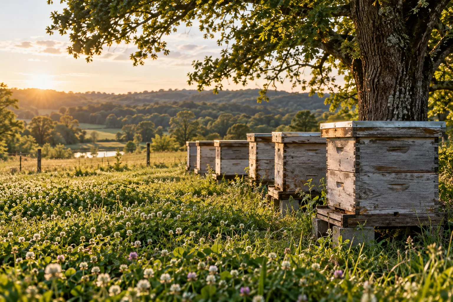 Clover pasture and wooden hives in spring