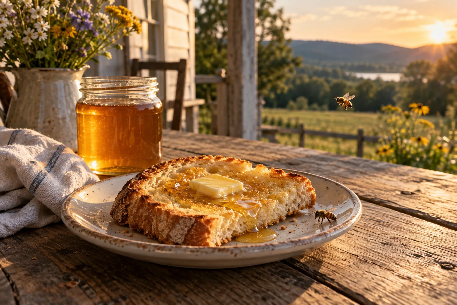 Buttered toast with golden honey on a farmhouse plate