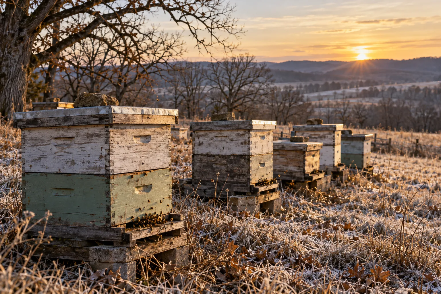 Weathered hives in a quiet winter pasture