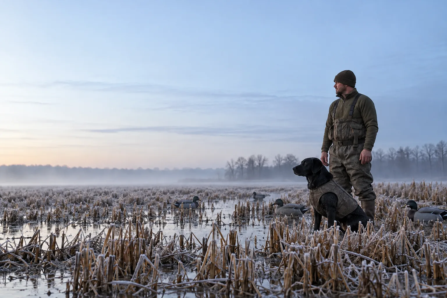 Hunter and Labrador beside heavily frosted rice stubble