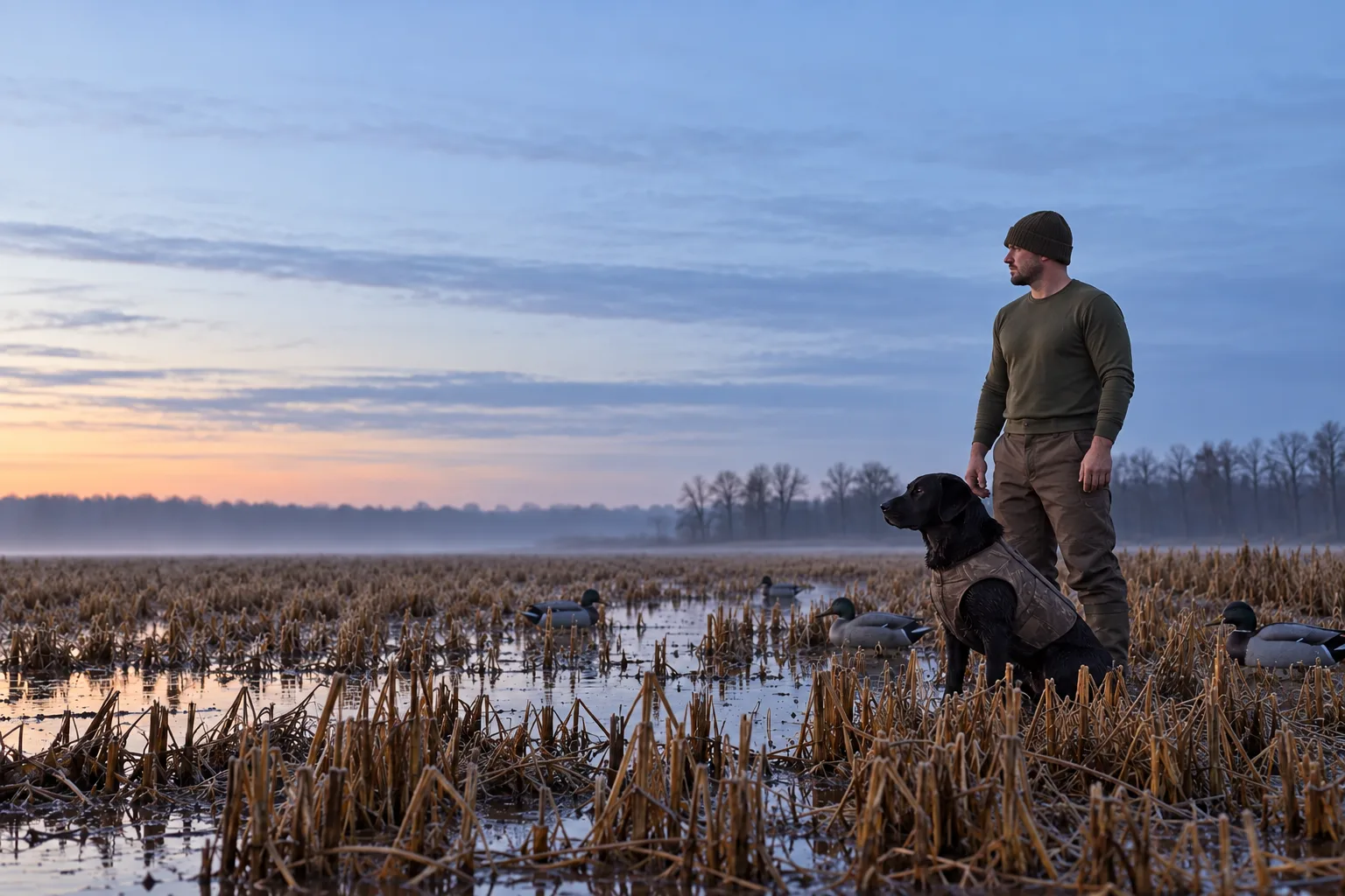 Hunter in a rice field before sunrise