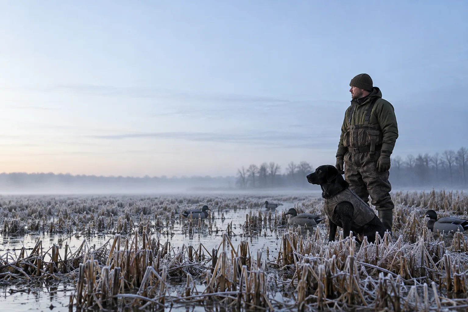 Hunter and black Labrador in a frosty rice field