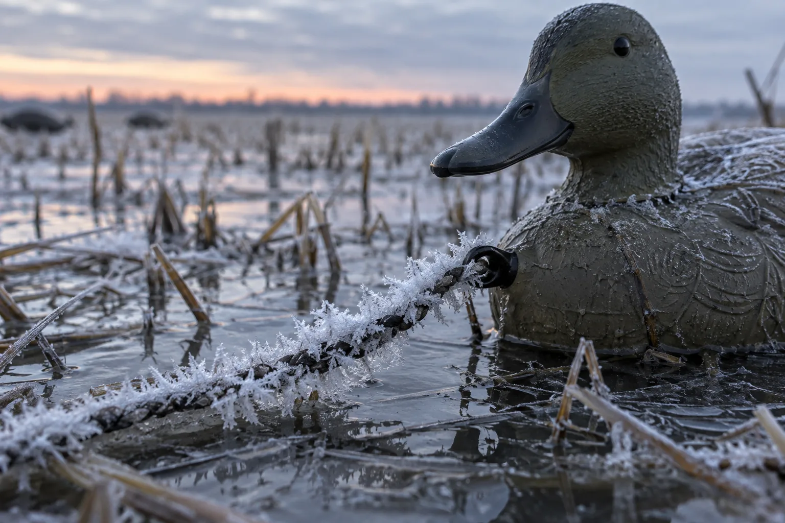 Ice crystals on a decoy cord in shallow water