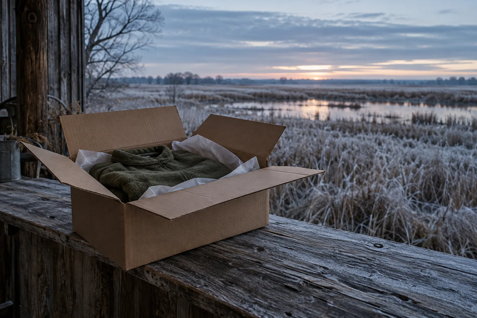 Plain shipping box with folded fleece and paper