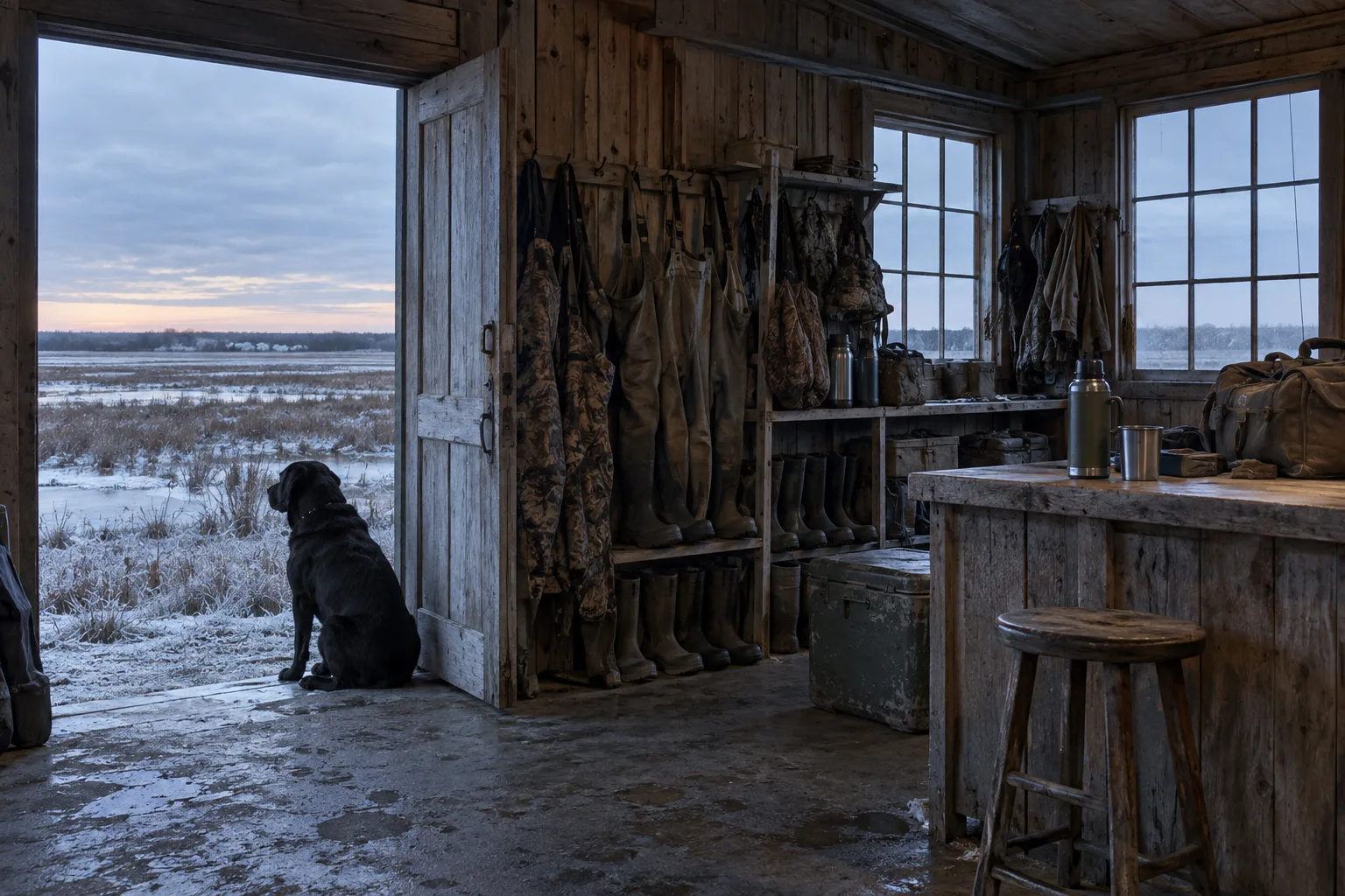 Cypress-walled outfitter shop with waders and boots