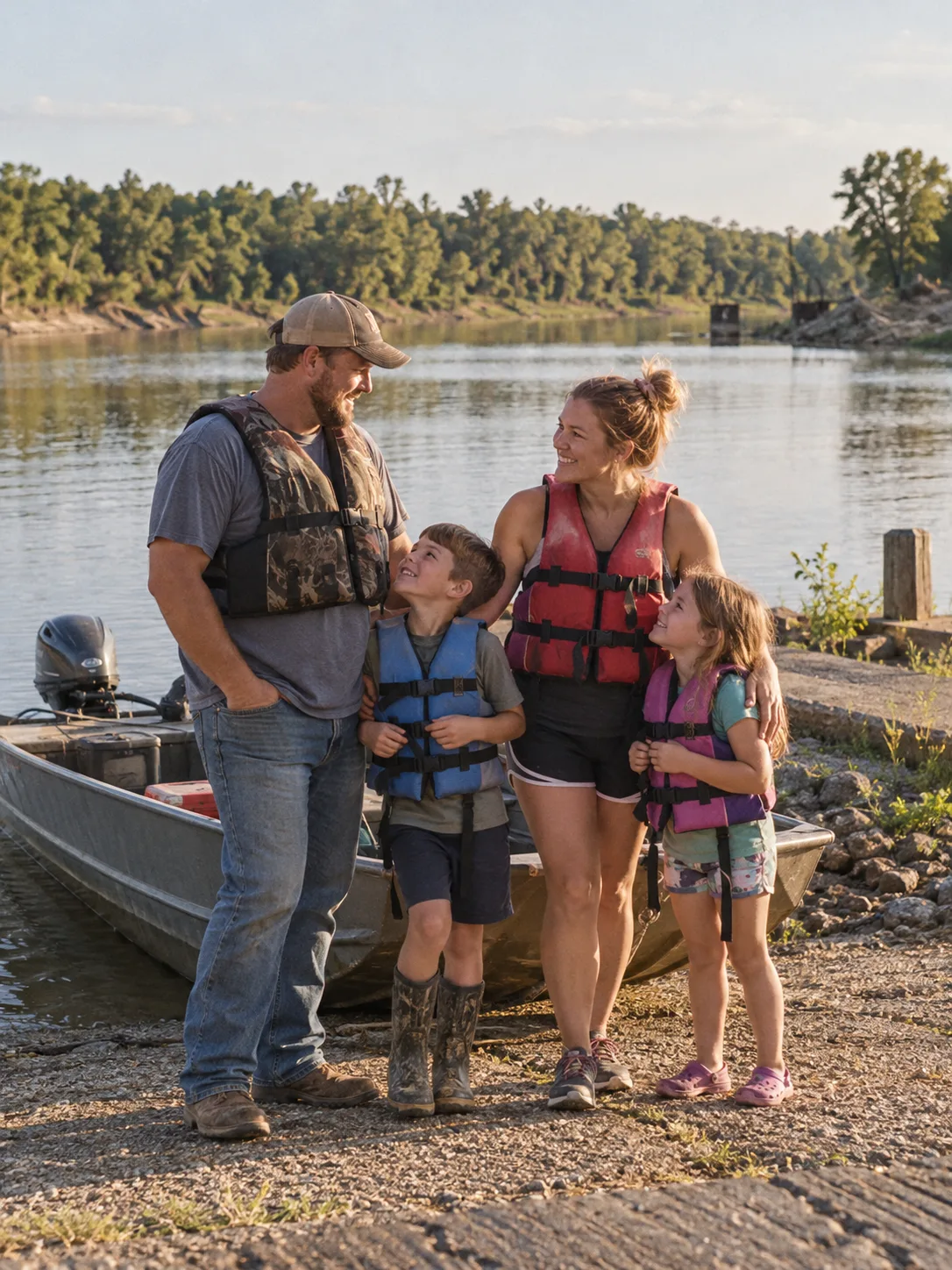 A family wearing life jackets beside a boat at the lake.