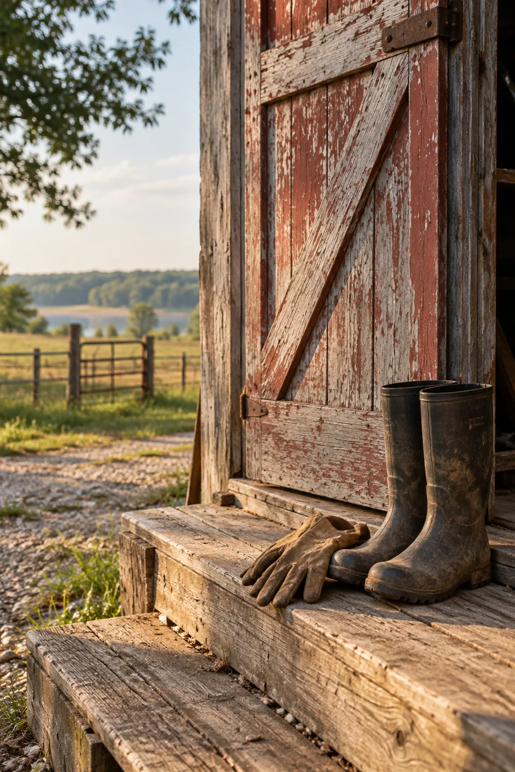 Weathered barn wood beside a working field.