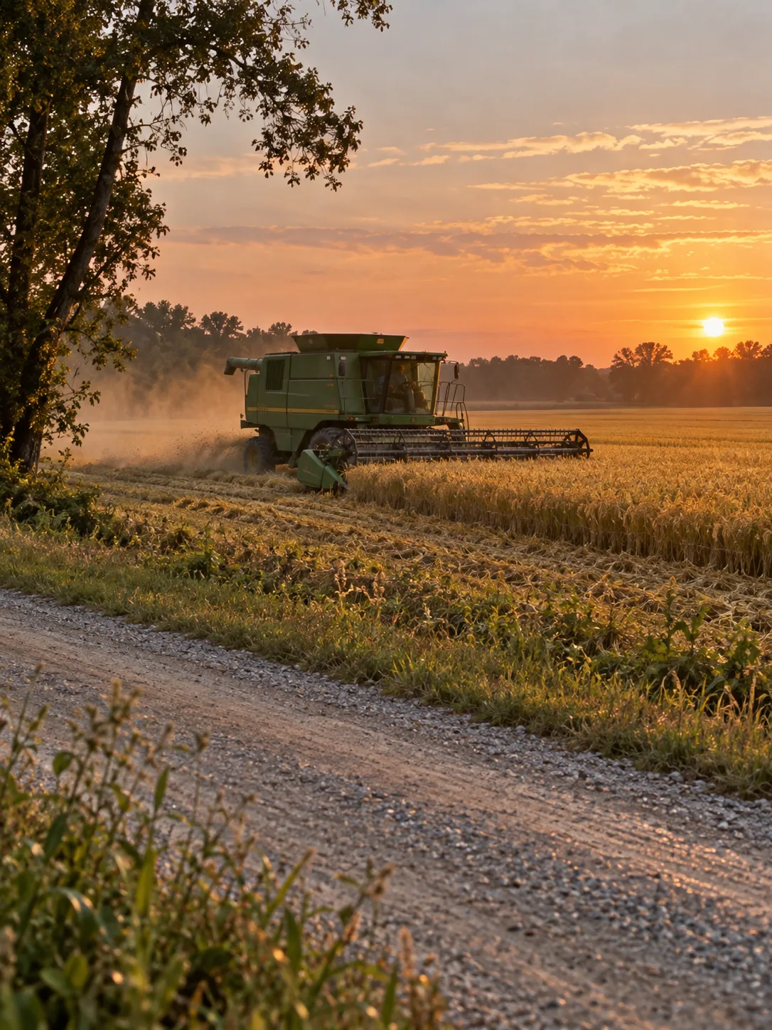 A combine harvesting a rice field at sunset.