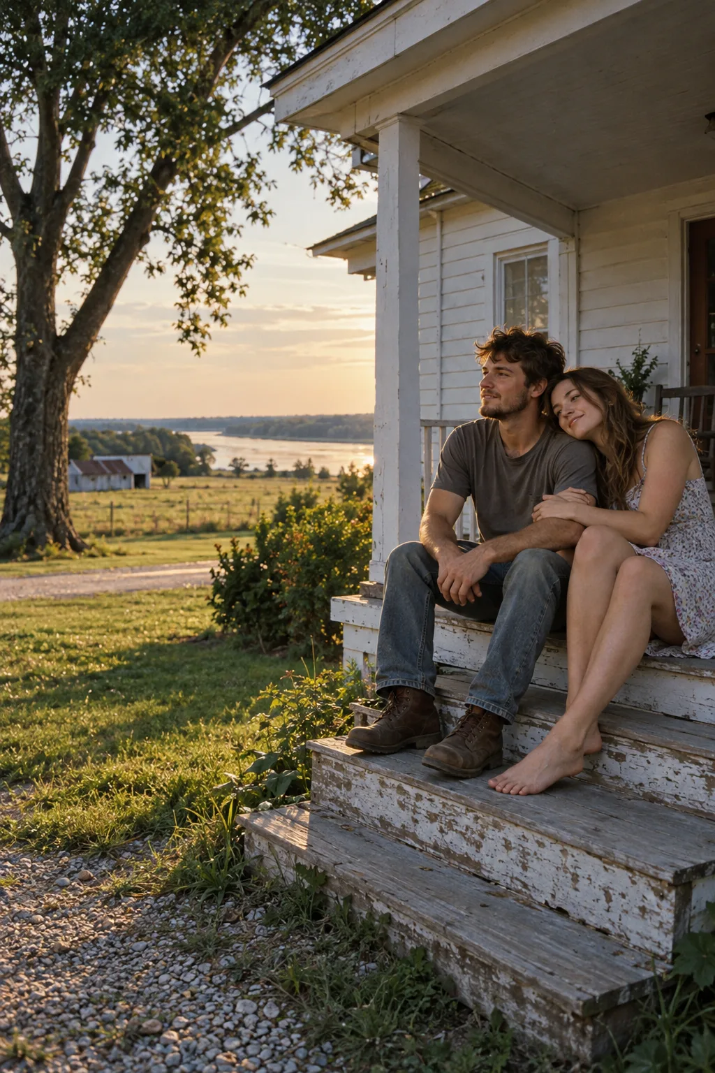 A young couple sitting together on their porch.