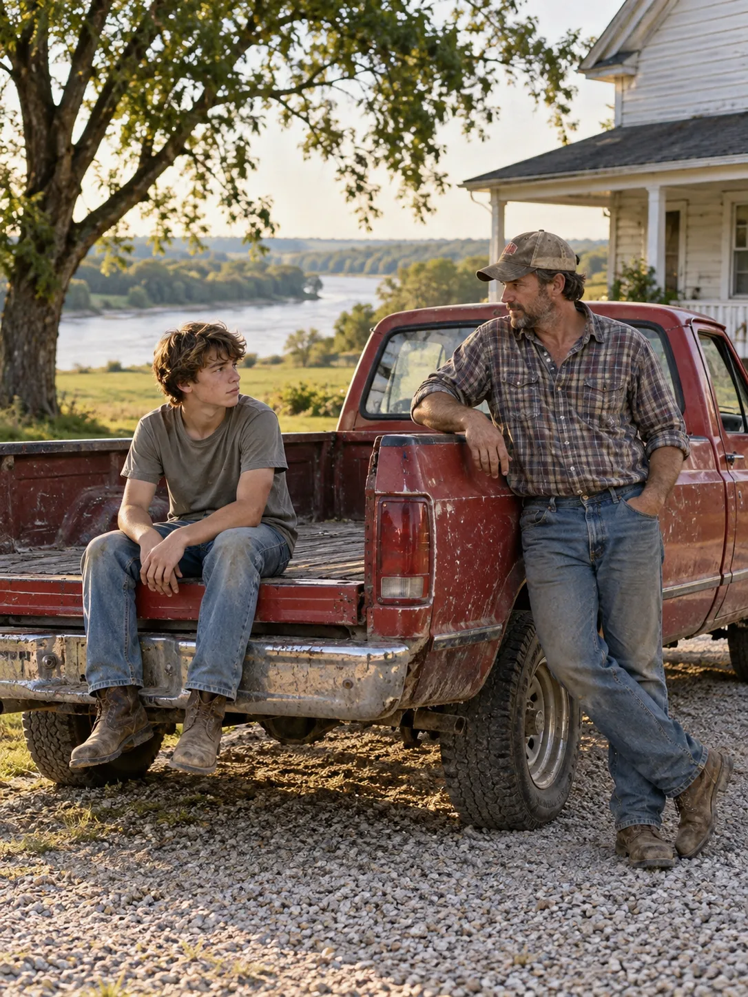 A teenager and his father beside a red pickup.