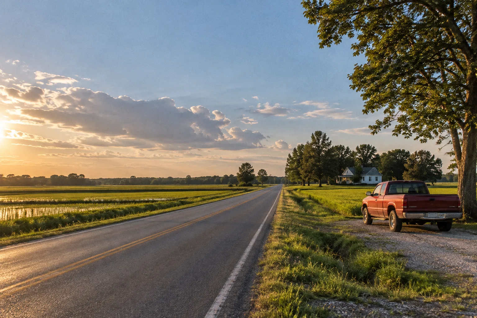 A country road through Arkansas rice fields with a red pickup.