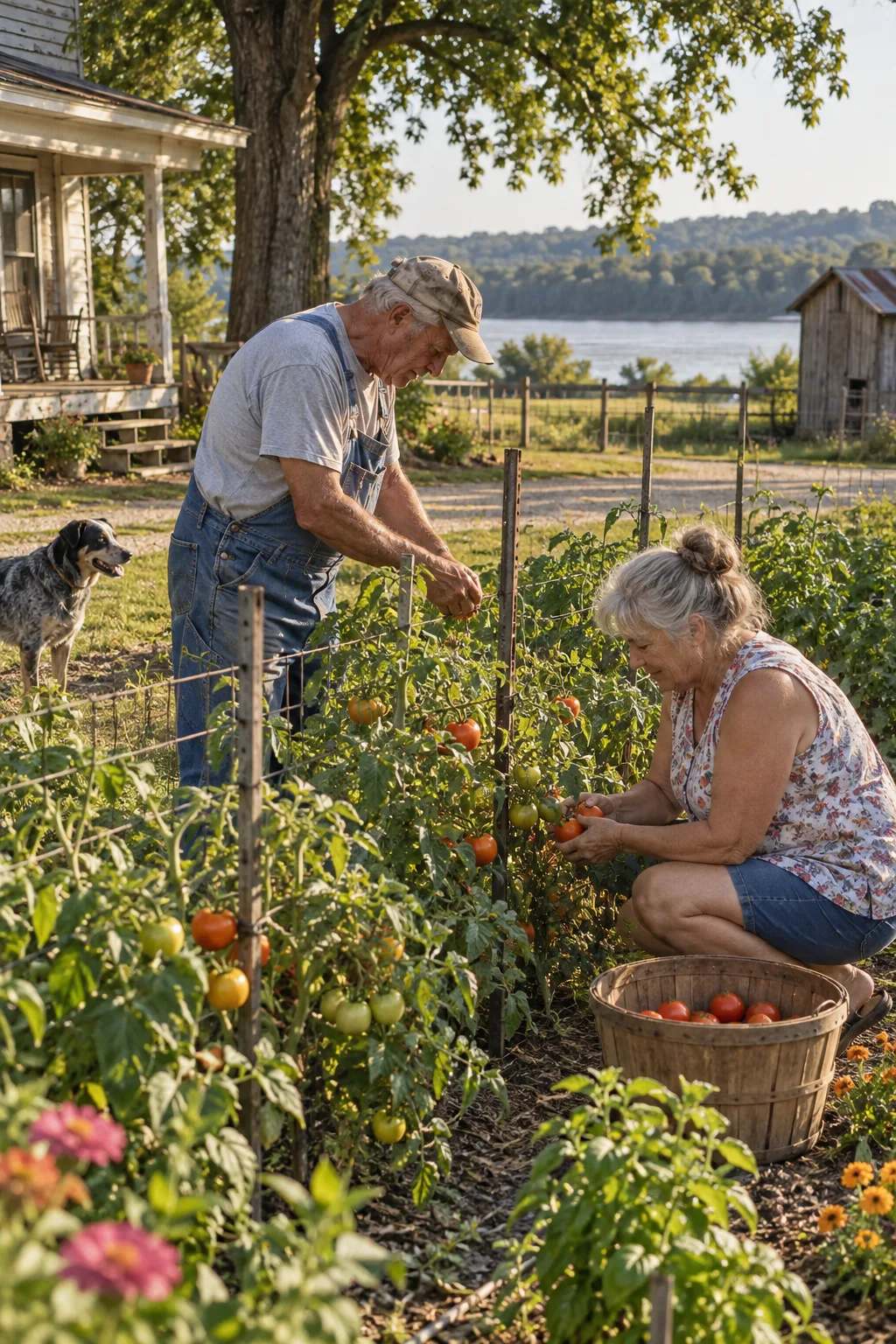 A retired couple tending their garden.