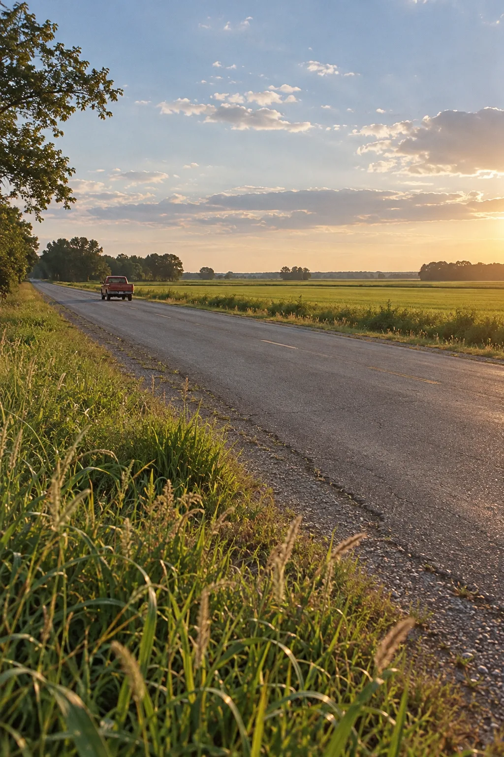 A quiet country road with grass in the foreground.