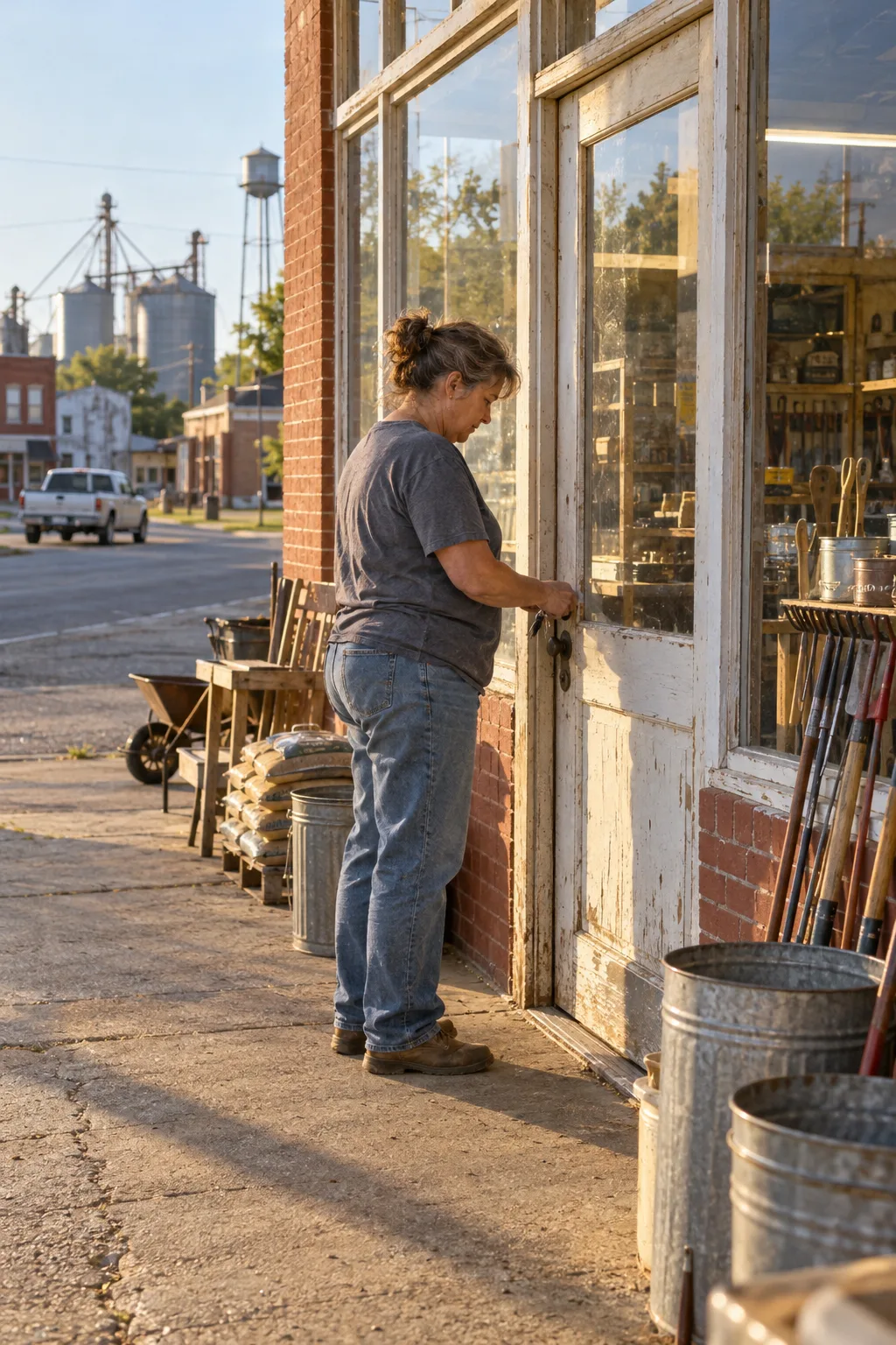 A shop owner unlocking the front door.