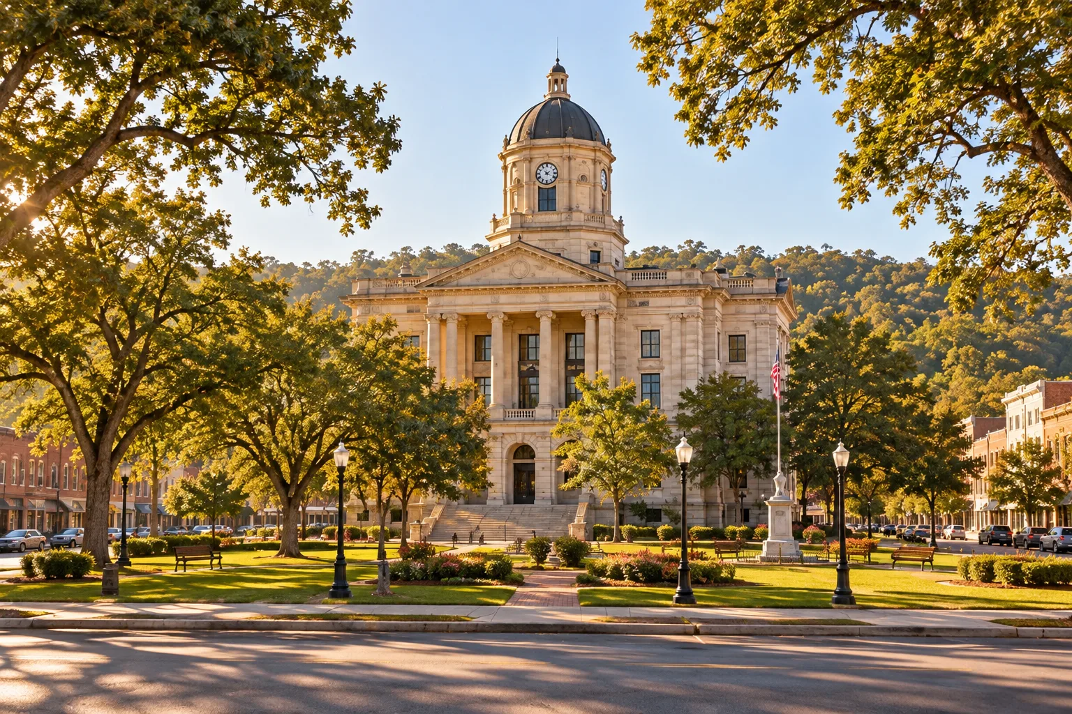 A limestone courthouse framed by oak trees in warm morning light