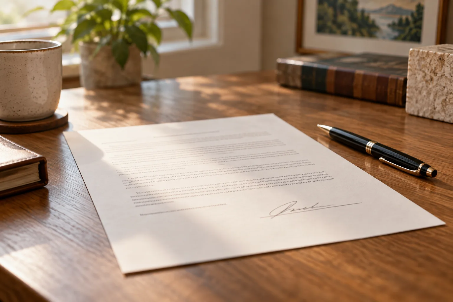A signed agreement page and black pen on an oak desk