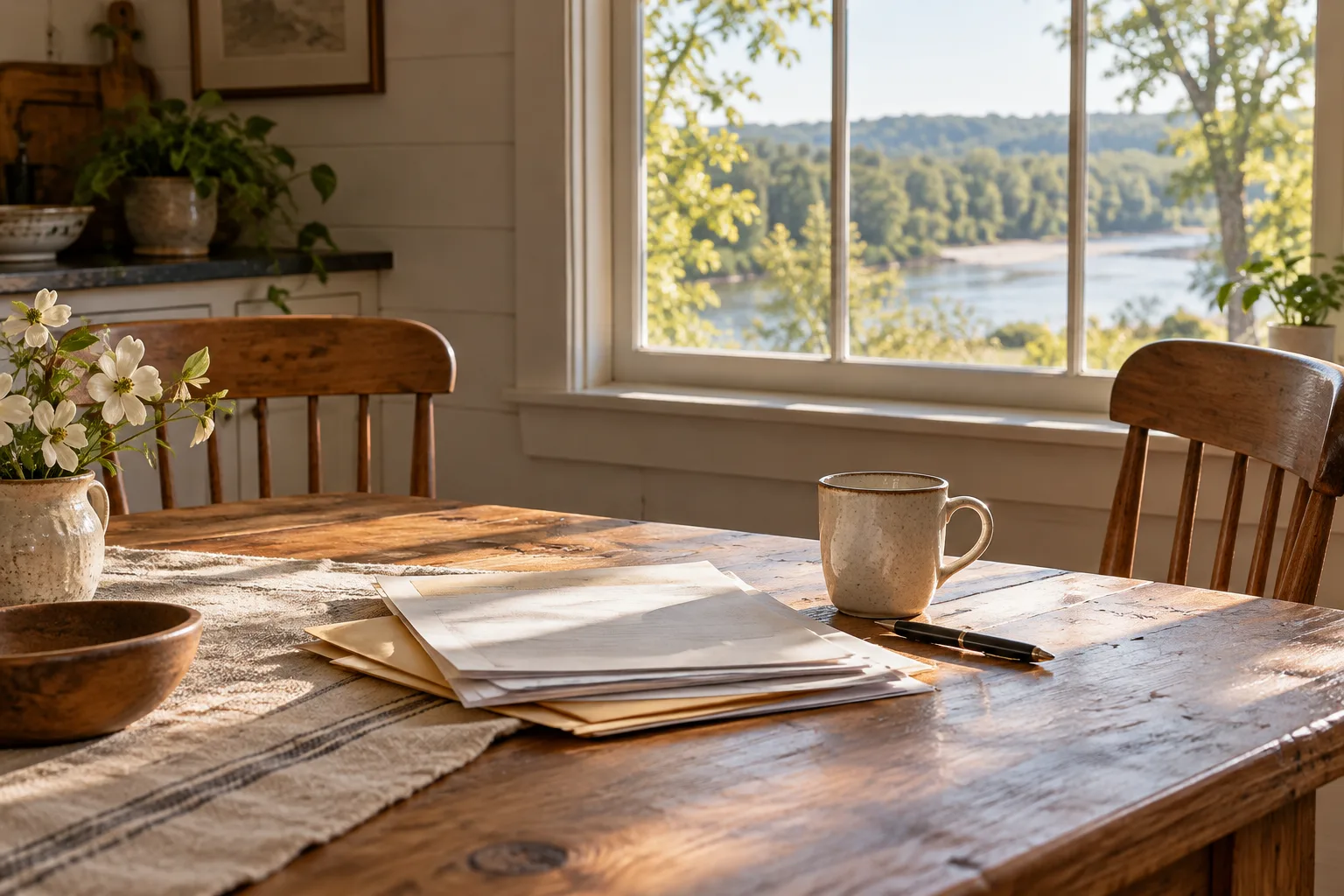 A quiet kitchen table with empty chairs in morning light