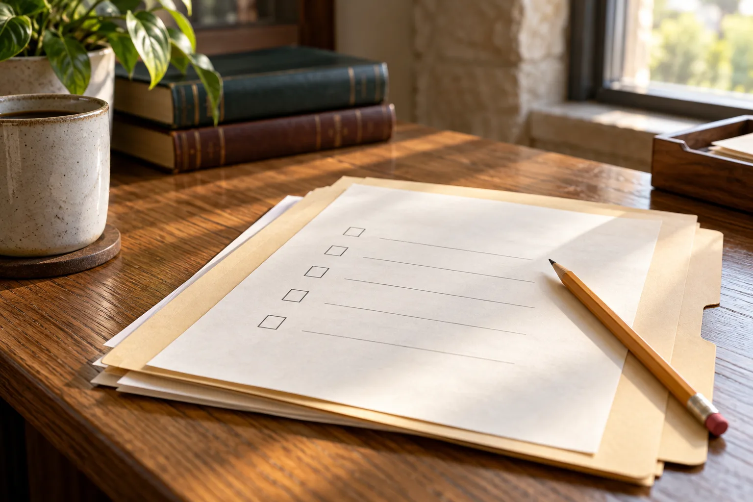 A checklist, pencil and folder ready for a first meeting