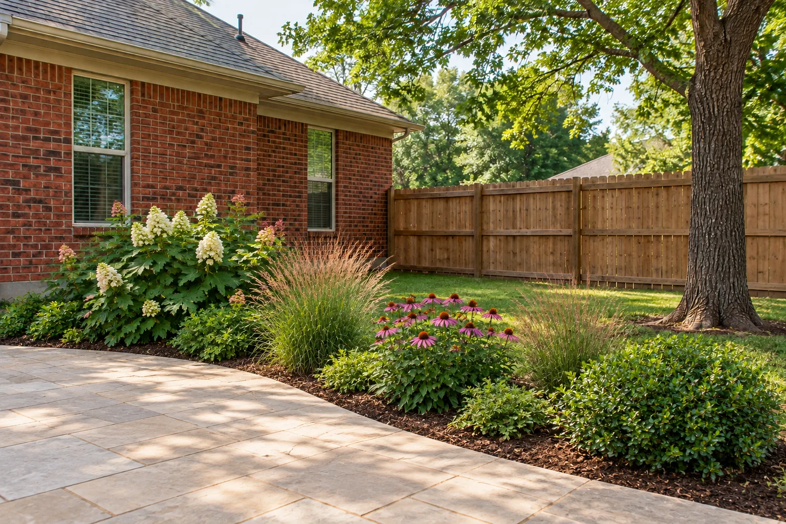 The same corner with a limestone patio and planted garden bed