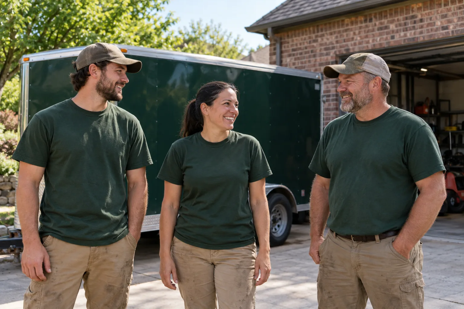 Three lawn crew members outside the workshop