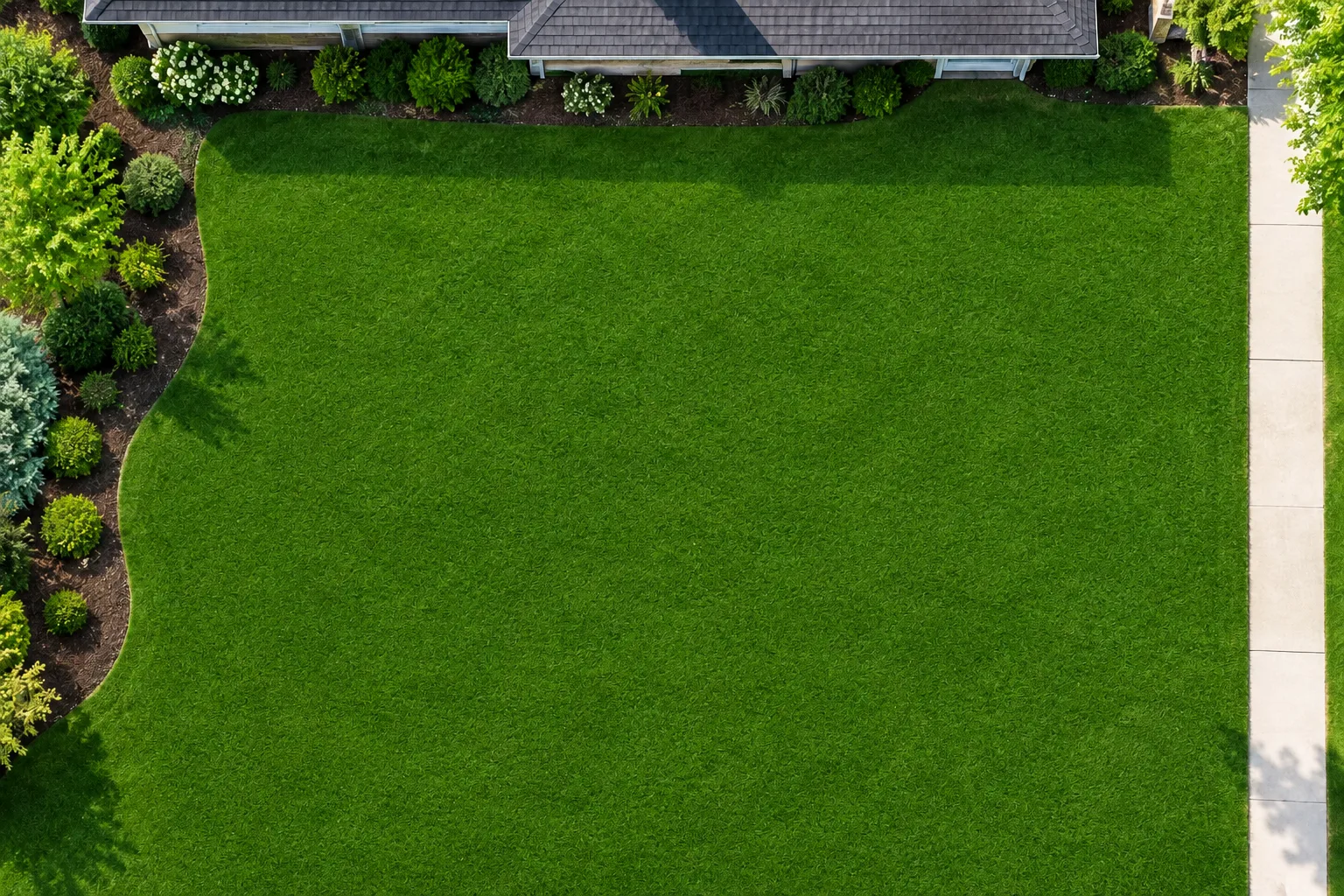 Straight-down view of a neatly striped Bentonville front lawn