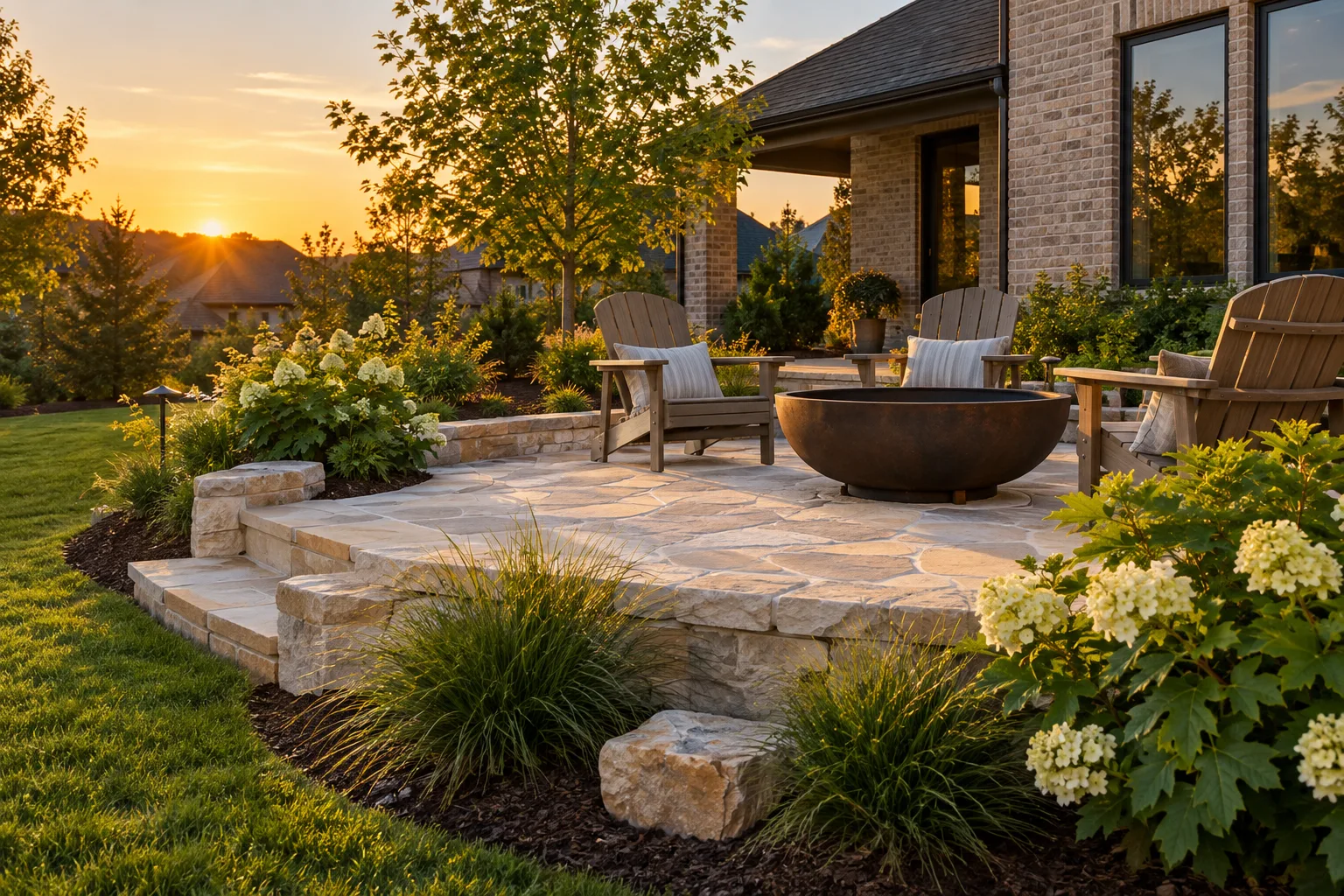 Golden-hour stone patio with chairs and an unlit firepit
