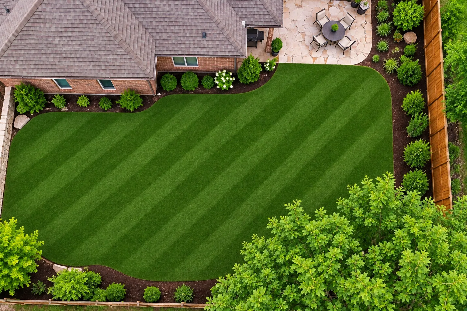 The same lawn with summer mowing stripes