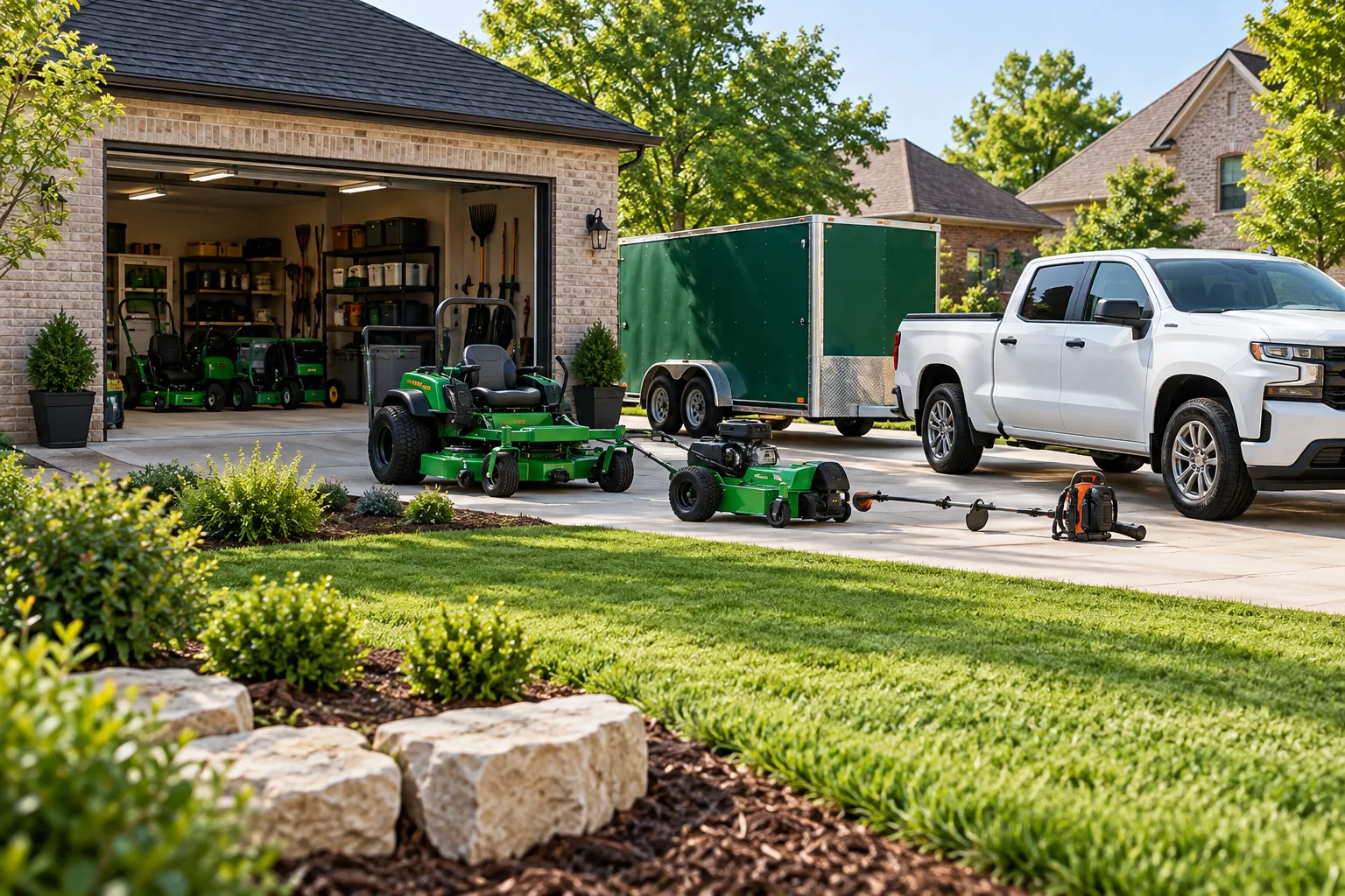 A modest brick workshop with a white truck and plain green trailer
