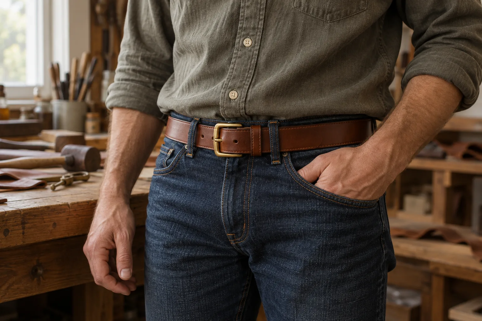 Handmade belt worn with indigo jeans