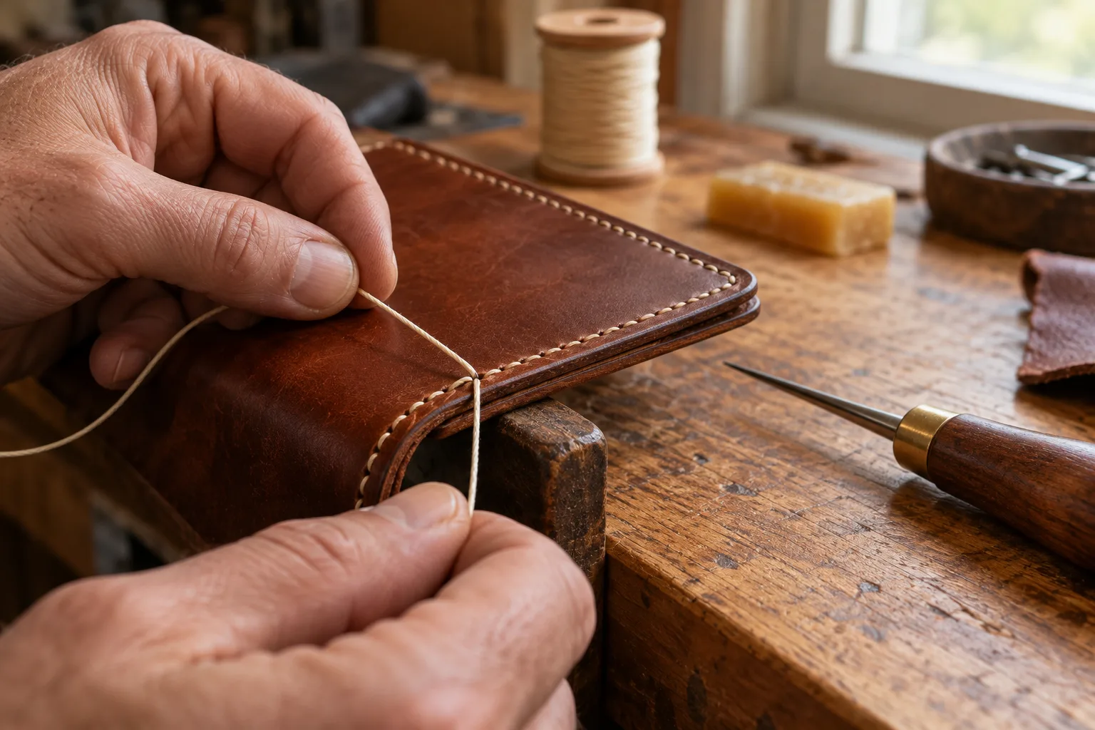 Close detail of a cream saddle-stitched leather edge