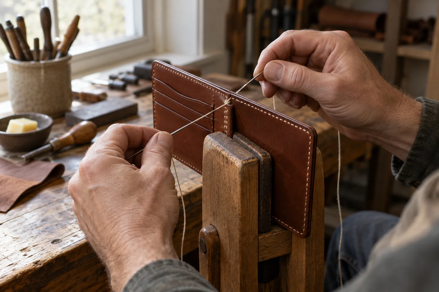 Two hands saddle-stitching a chestnut wallet in a wooden stitching pony