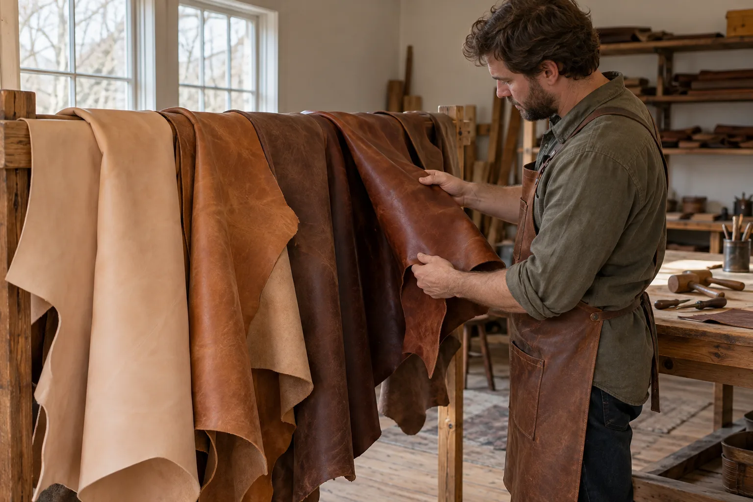 Vegetable-tanned hides in the workshop