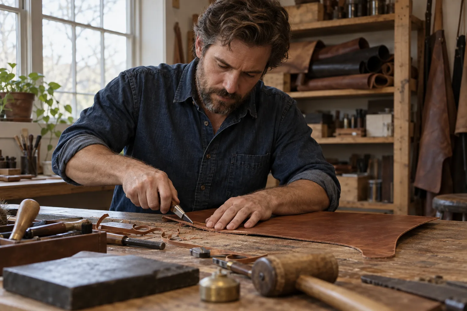 Owen working at his oak leatherworking bench