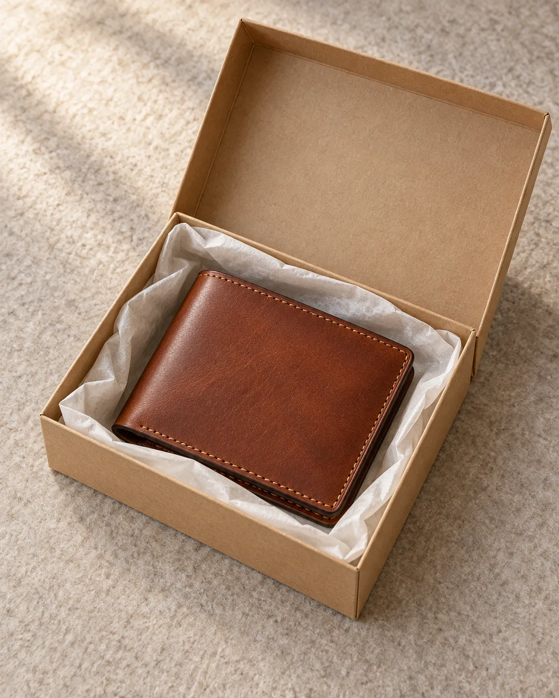 Unprinted kraft gift box with tissue and leather wallet