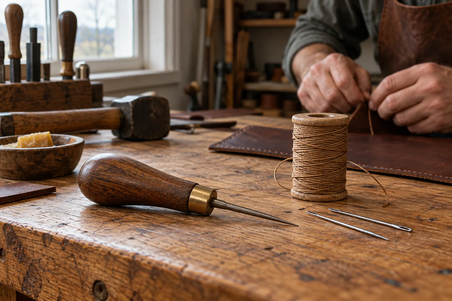 Waxed thread, needles and an awl on the workbench